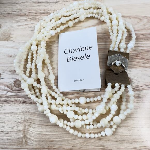 VTG Artisan Necklace Charlene Biesele Mother of Pearl Bead & Repousse Brass 20" - Picture 6 of 14